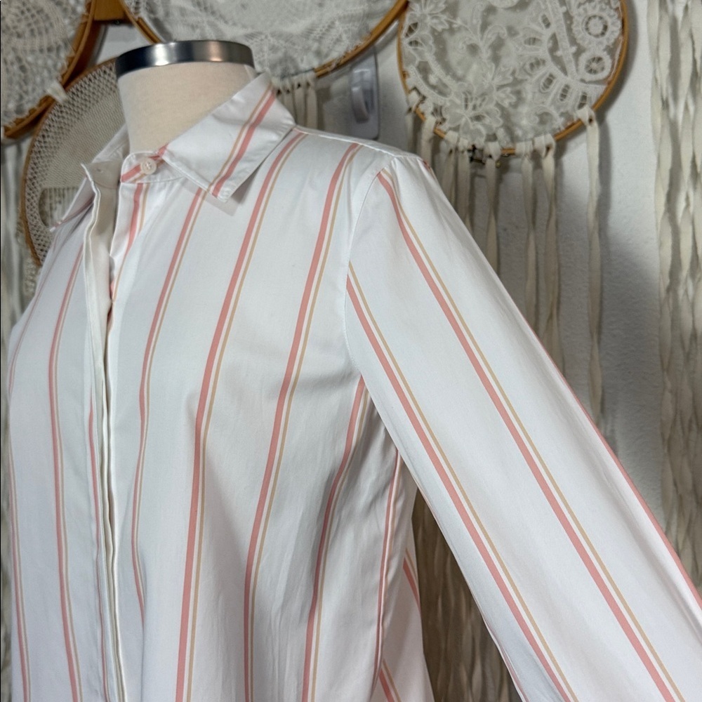 LaFayette 148 New York Velma Long Sleeve Skylark Stripe Long Button Front Blouse - Picture 3 of 10